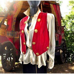 Red Leather Vest Gold Lion Medallion Cast Metal Accents M Waist Coat Gothic Roma